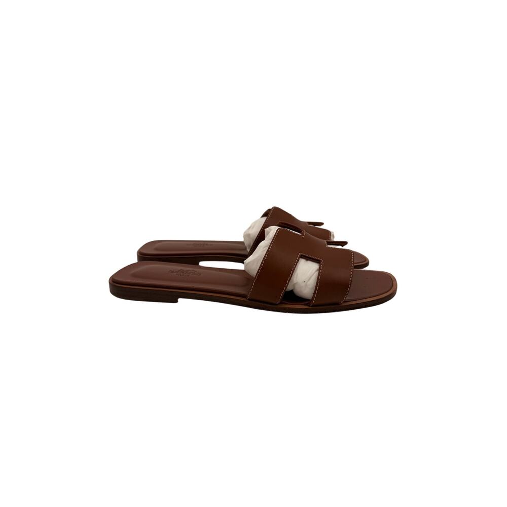 Hermes Oran Leather Open Toe Slip-On Flats Slide Sandals Brown Women's Size 38 - Picture 3 of 8
